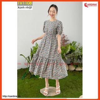 Đầm nữ CARDINA chất lụa tơ dáng xòe cao cấp thiết kế tay bồng eo chun họa tiết hoa nhẹ nhàng 1V11.