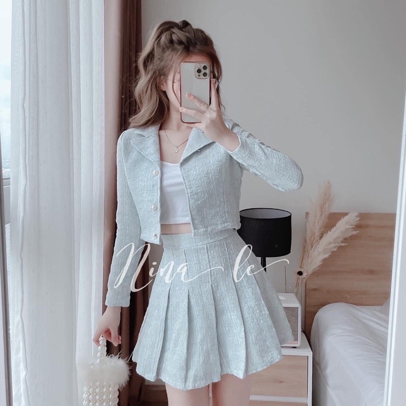 Set áo khoác dạ tweed xanh mint cúc ngọc kèm chân váy tennis phong cách tiểu thư