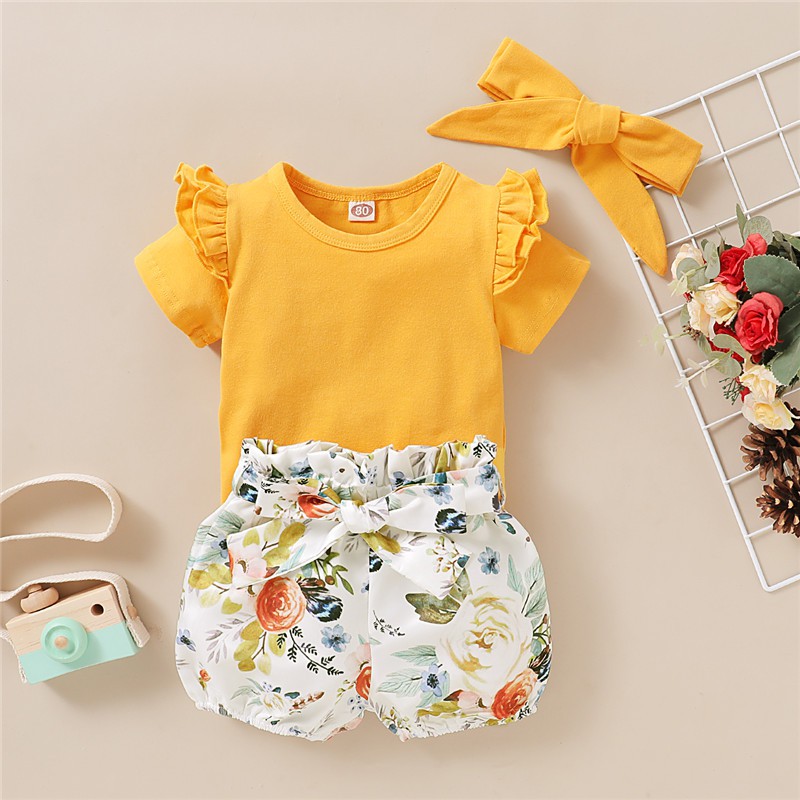 Set Đồ Mùa Hè 3 Món Gồm Áo Cotton Tay Cộc + Quần Ngắn In Hoa + Băng Cài Đầu Cho Bé Gái 1-5 Tuổi