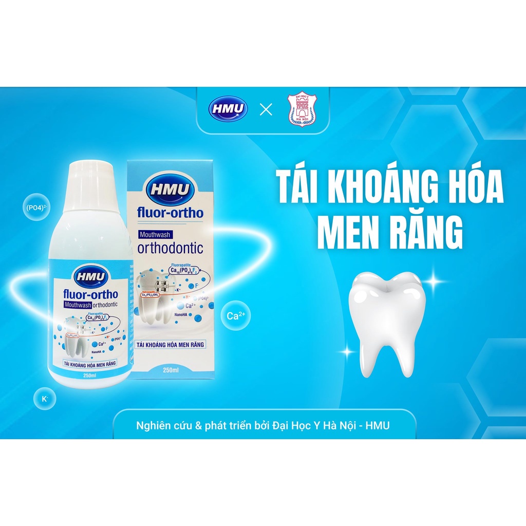 Nước súc miệng HMU Fluor Ortho 250ml dành cho bệnh nhân chỉnh nha niềng răng - Được Sáng Chế Bởi Đại Học Y