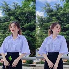 Áo sơ mi nữ tay lỡ có túi học sinh phong cách hàn quốc