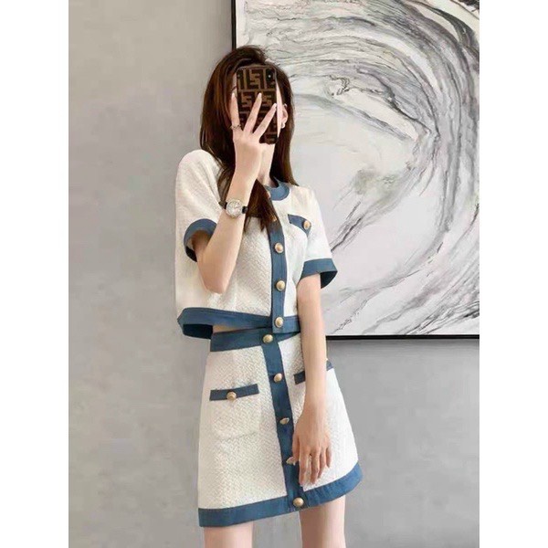 (Free Ship) SET XỐP VIỀN XANH NÚT ÁO CROPTOP + CHÂN VÁY CÓ LÓT h.h.p