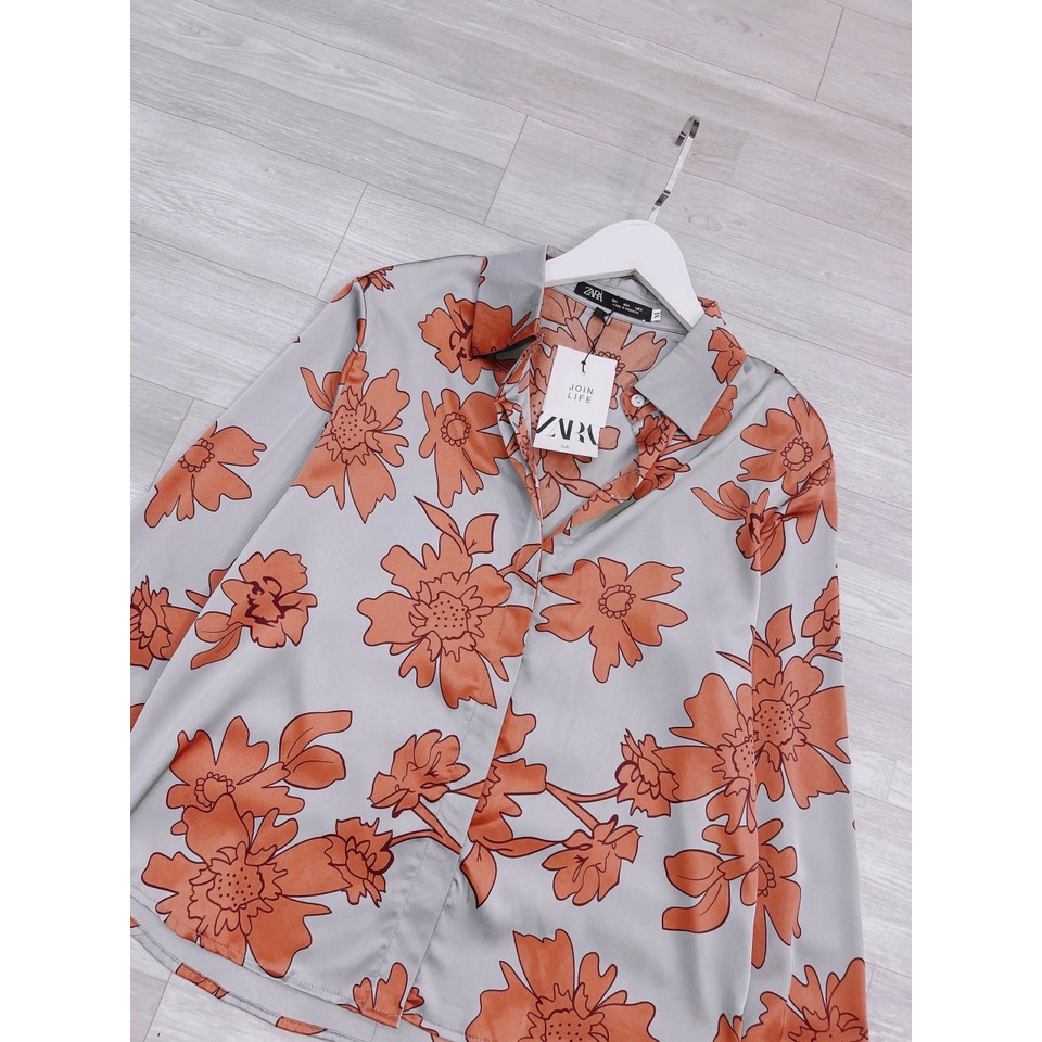 Áo sơ mi lụa hoa dây nơ