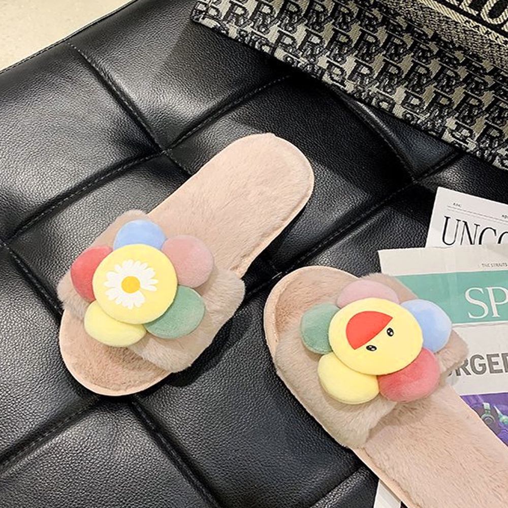 Dép lông thỏ Hoa mặt cười, siêu êm chân, dạng bánh mì quai ngang, mang trong nhà, văn phòng