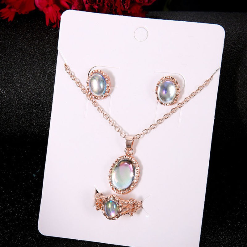 Set dây chuyền và nhẫn và khuyên tai đính đá opal tự nhiên