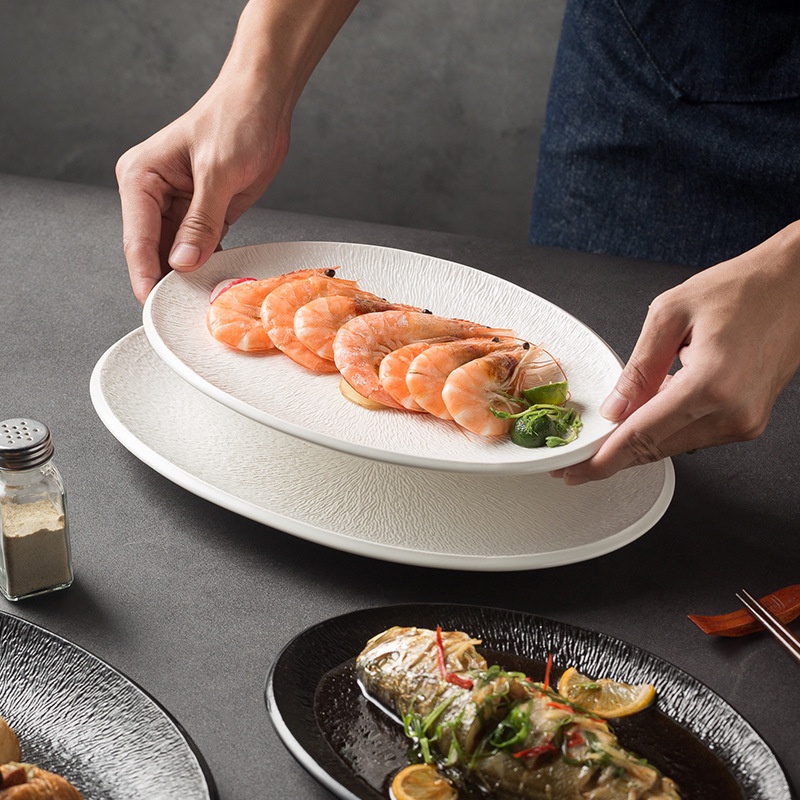 Đĩa cá, đĩa oval men nhám vân sọc chống xước p/c Bắc Âu - Đĩa nhà hàng cao cấp, sứ không chì