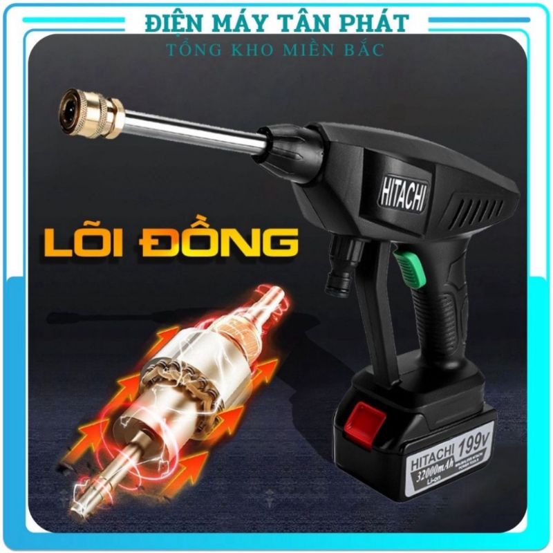 Máy xịt rửa xe máy ô tô áp lực cao bọt  tuyết  HITACHI  199V cầm tay PIN Sạc