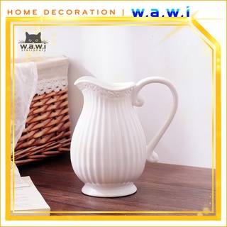 [WAWI] Bình hoa gốm sứ màu trắng, có tay cầm phong cách Châu Âu đồng quê, cổ điển
