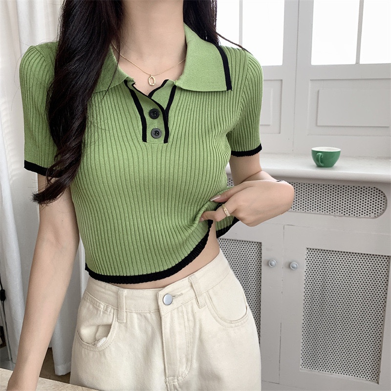 Áo polo croptop len gân nữ tay ngắn kiểu cổ bẻ dáng ôm body dệt kim thời trang Quảng Châu cao cấp trẻ trung