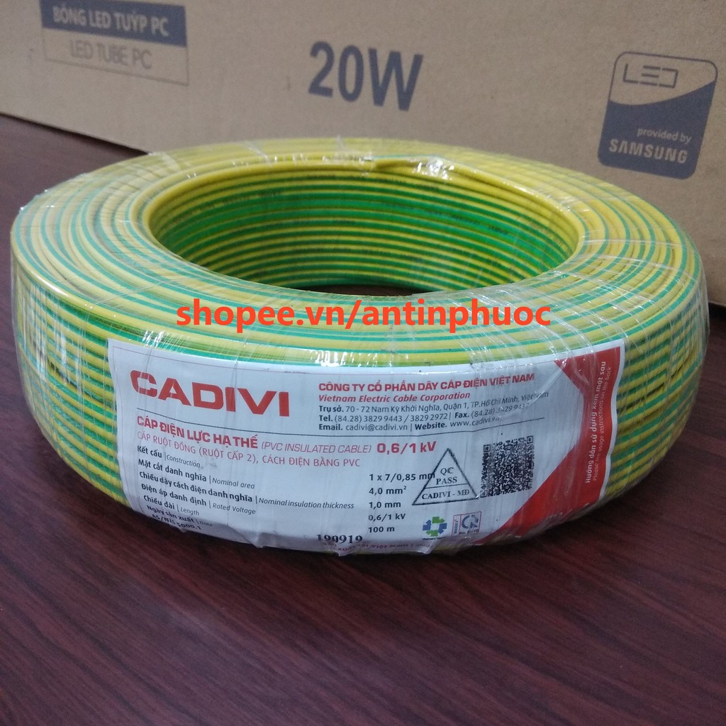 Dây te Cadivi Vàng Xanh cv 4 mm (dây tiếp địa , PE ) cuộn 100 mét