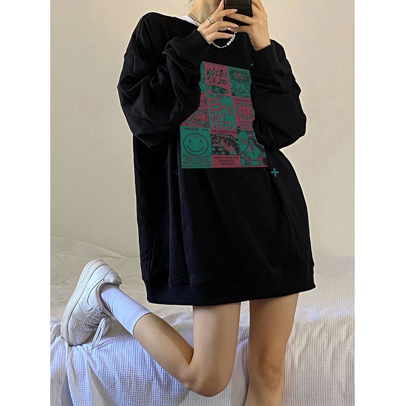 SELVZE Áo sweater cổ tròn dáng rộng in họa tiết thời trang đường phố Mỹ cá tính cho nữ