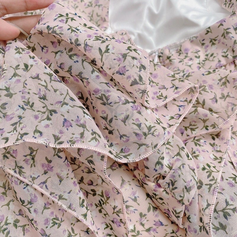 Đầm hoa cut out lưng tay dài 2 màu hoạ tiết nhẹ nhàng