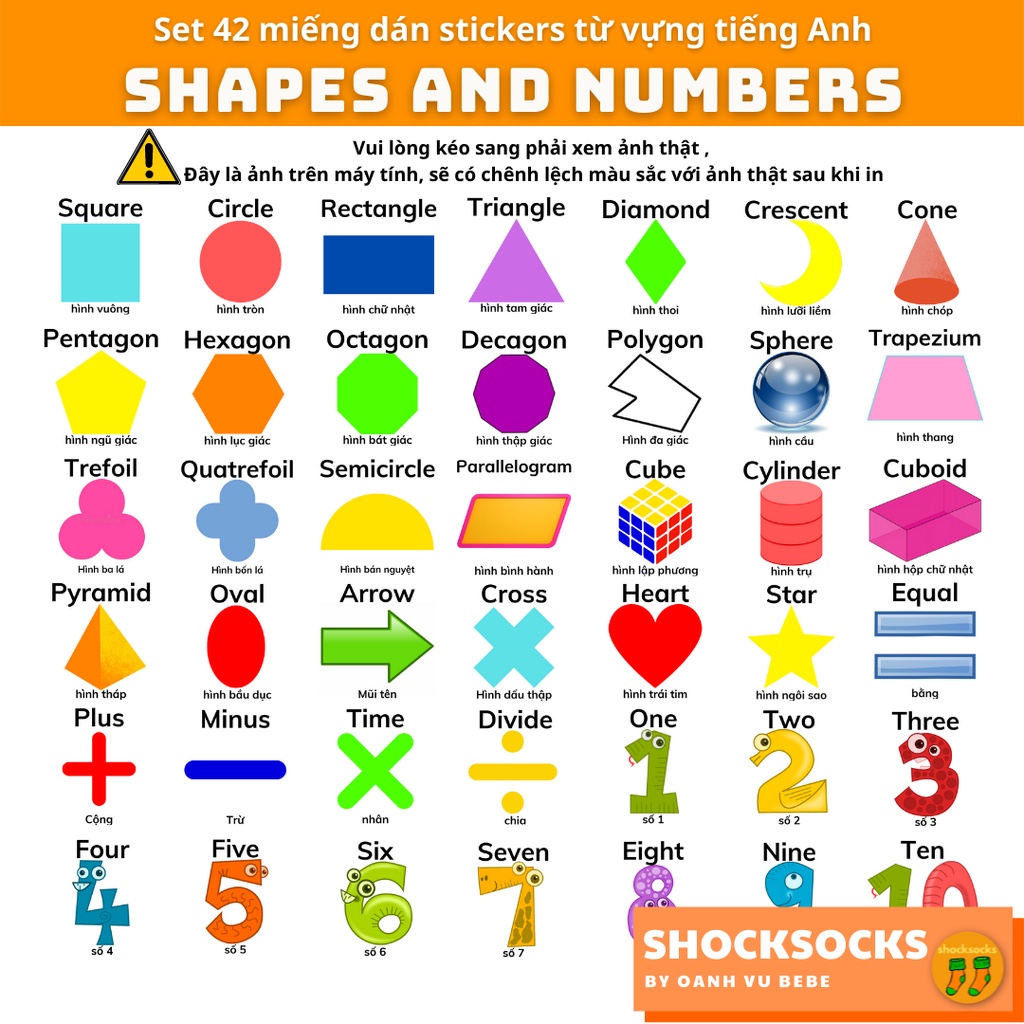 🔥42 miếng dán stickers từ vựng tiếng Anh chủ đề HÌNH VÀ SỐ - 42 Eng/Vi vocabulary stickers topic SHAPES AND NUMBERS 🔥