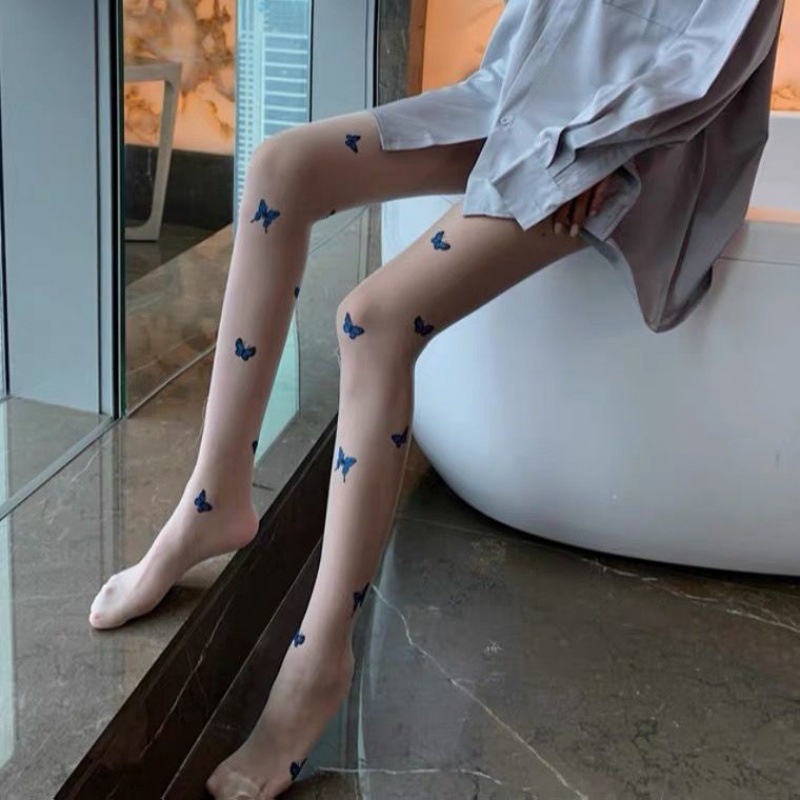 Blue Butterfly Print Stockings Female Ins Tide Sweet Thin Fairy Milk White Core-spun Sexy Silk Pantyhose Women Black Tights
