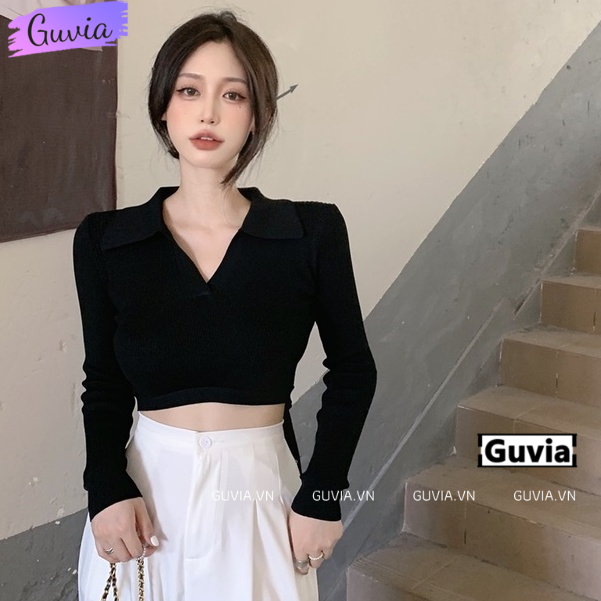 Áo Croptop Nữ Tay Dài CỔ BẺ XẺ V Ôm Body, Áo Thun Croptop Kiểu Sexy Chất Thun GUVIA CR68