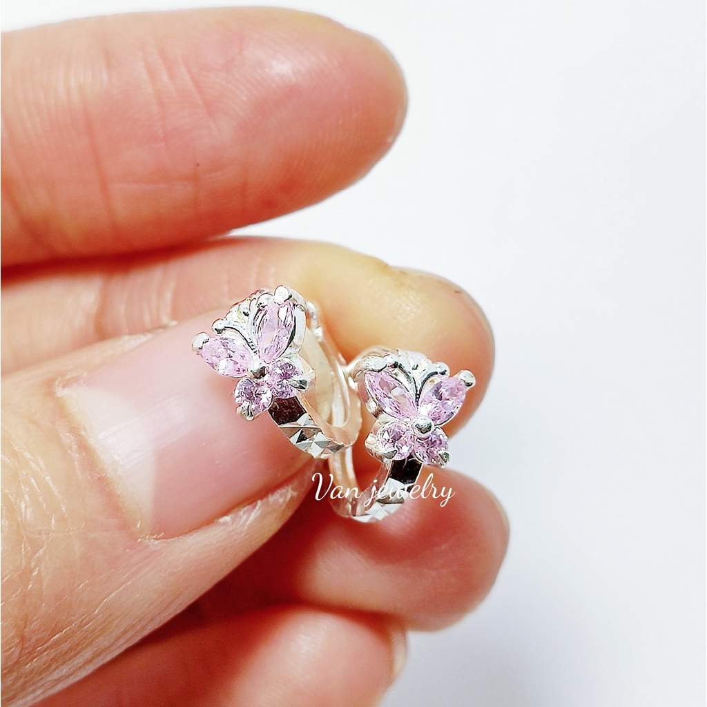 Bông tai bạc bong tai tròn sát tai nạm đá hình bướm hồng trắng xinh xắn cho bé Van Jewelry V10051
