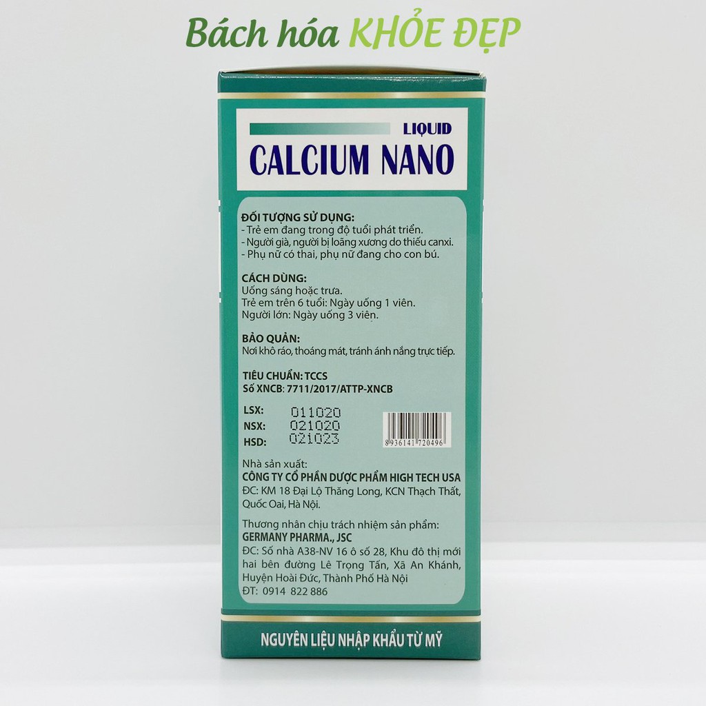 Viên uống bổ sung canxi Liquid Calcium Nano - Hộp Xanh lá 100 viên