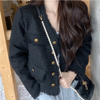 Áo dạ tweed đen cổ V (ORDER)