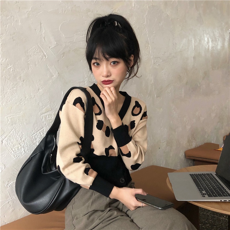 SUXI Áo khoác cardigan dệt kim cổ chữ v in họa tiết da báo thiết kế mới thời trang phong cách Hàn Quốc cho nữ