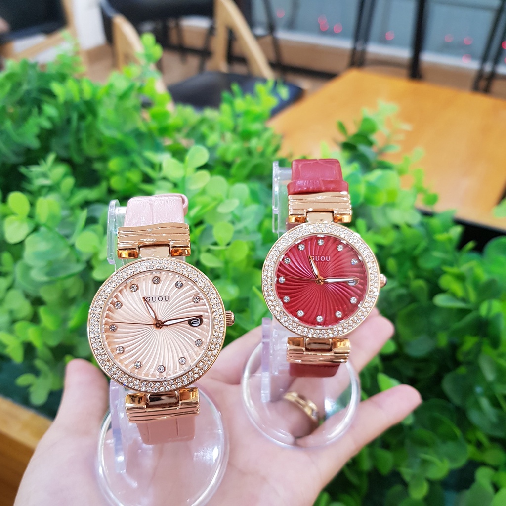 Đồng hồ nữ đeo tay Guou dây da mặt viền đá chính hãng