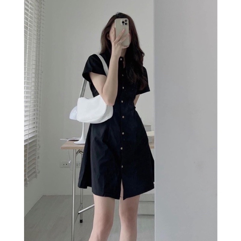 Đầm váy nữ basic cổ sơ mi cài cúc chiết eo lưng chun, váy nữ cộc tay nhiều màu