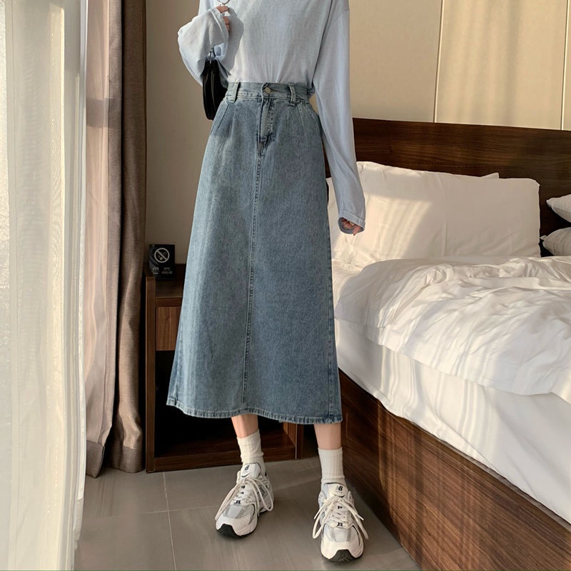 COZOK Chân váy jean Lưng Cao Phong Cách Hàn Quốc