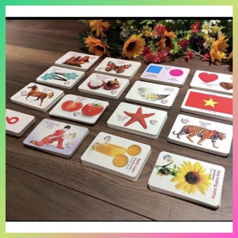 Bộ thẻ học thông minh thiết kế kế song ngữ tiếng việt và tiếng Anh, với 16chủ đề 416thẻ