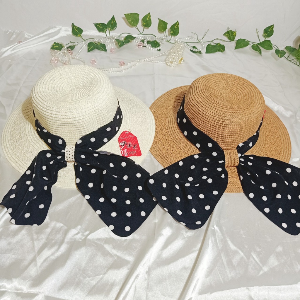Nón cói,mũ cói nữ đi biển vành nhỏ nơ chấm bi xoè to tiểu thư xinh đẹp, hình shop chụp thật