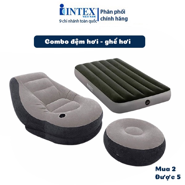 Bộ combo ghế hơi tựa lưng và đệm đơn INTEX tặng kèm bơm điện +  bộ dự phòng cao cấp