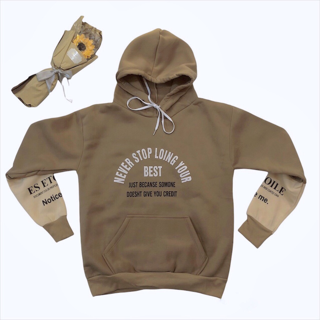 Áo hoodie nỉ cotton quảng châu cao cấp, Áo nỉ vati  in chữ NEVER STOP dáng rộng
