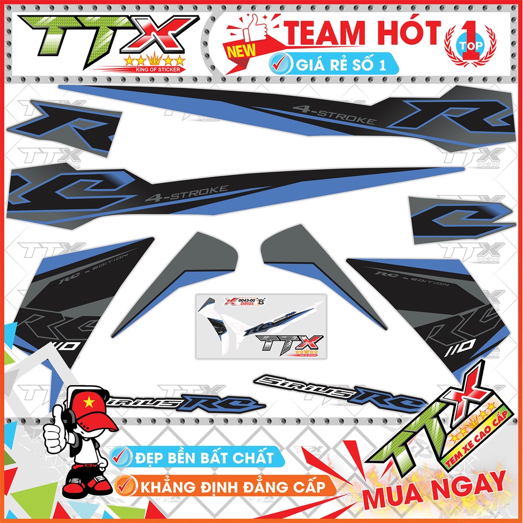 Team sirius siêu đẹp chuẩn khung tự dán rất dễ , Tem xe sirius đen RC cao cấp , Team dán xe sirius xanh đen