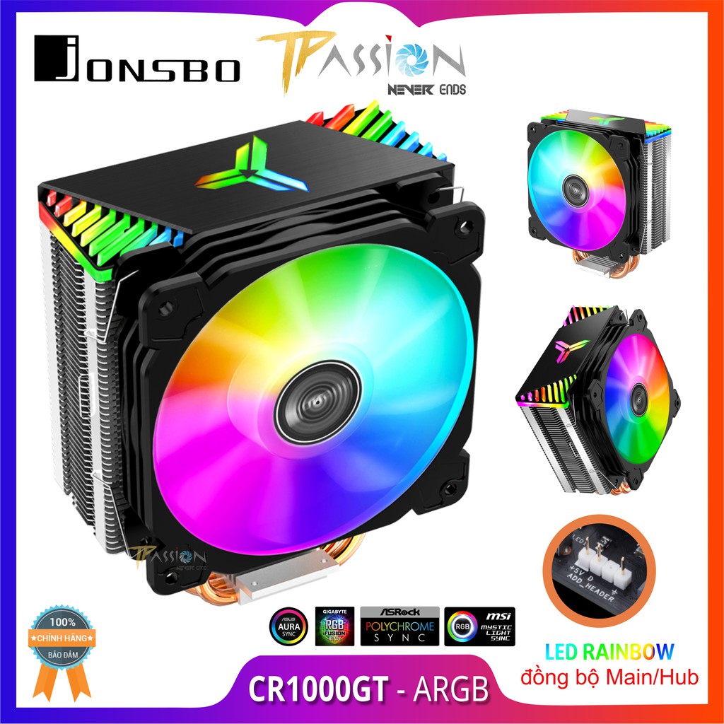 Tản nhiệt chip CPU Jonsbo CR1000GT | CR1400  – ARGB Rainbow 5V 3Pin, Fan 12cm, 4 ống đồng, đồng bộ Led với Hub/Mainboard