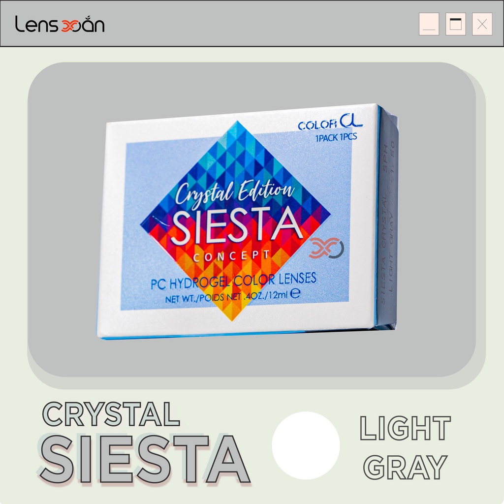 Kính áp tròng SIESTA CRYSTAL LIGHT GRAY-PC Hydrogel của COLORCL( 6 tháng):Lens xám sáng tây không viền|Lens Xoắn(GIÁ 1C)