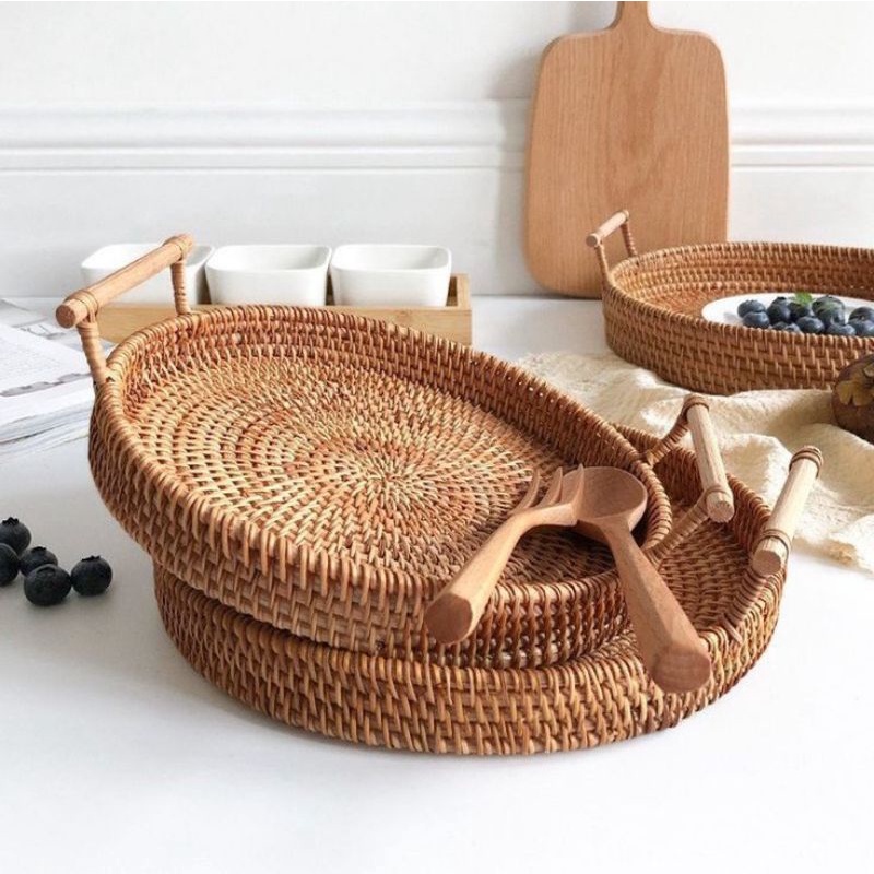 Khay mây tròn đựng đồ, trang trí tiệc, decor chụp ảnh sản phẩm