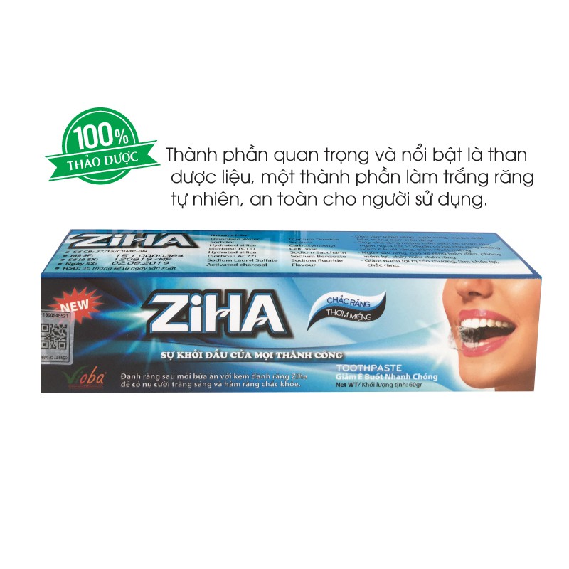 Kem đánh răng Ziha của Vioba Giảm ê buốt răng, nhiệt miệng, giúp răng trắng sáng, giữ hơi thở thơm mát, tuýp 60g