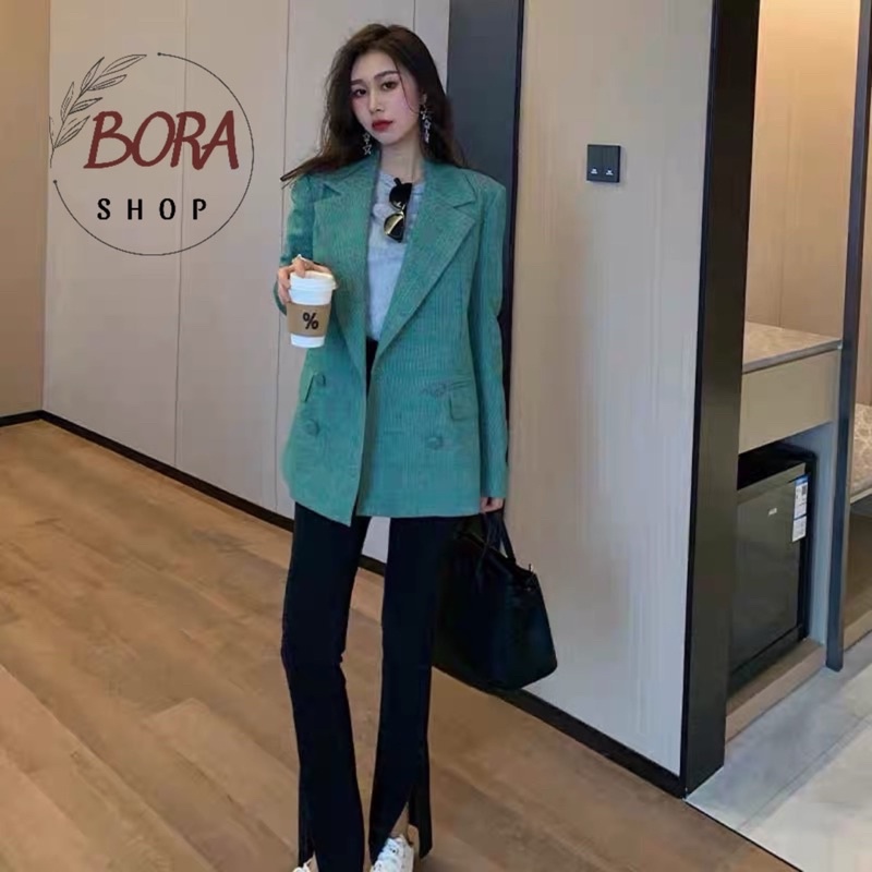Áo blazer nữ cao cấp Hàn Quốc BORA SHOP cổ vest tay dài màu kẻ xanh order
