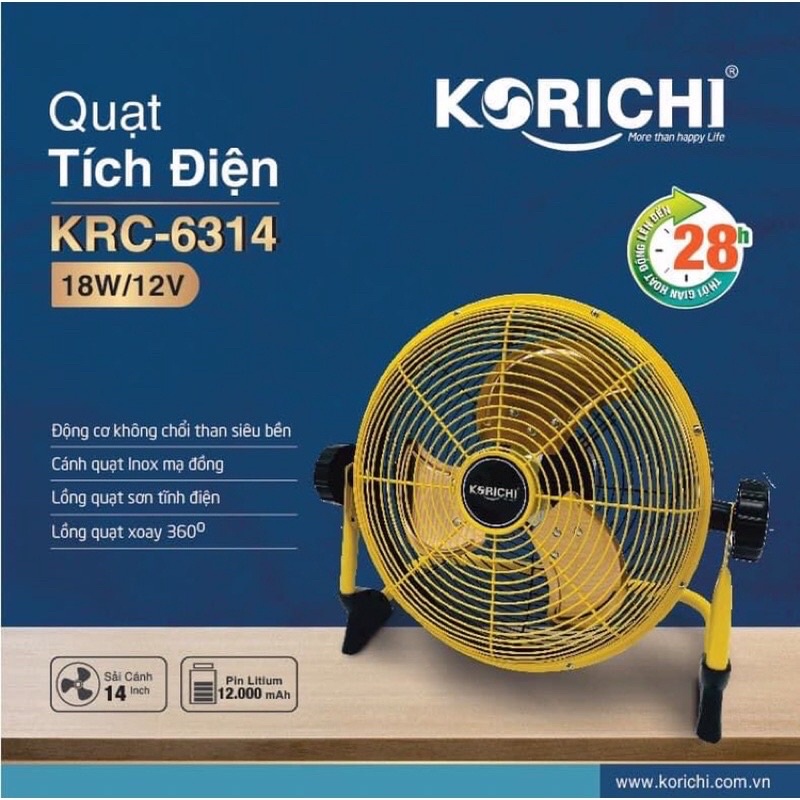 Quạt tích điện Korichi KRC-6314 cao cấp, đa năng, động cơ bền bỉ (có cổng sạc điện thoại