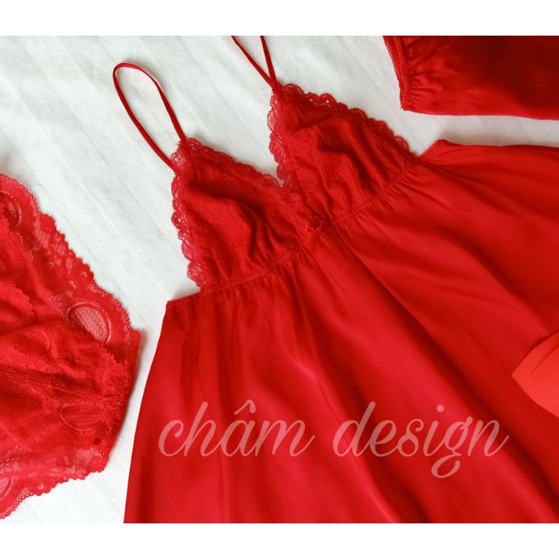 váy ngủ lụa satin đỏ tươi chân ren, hàng thiết kế độc quyền