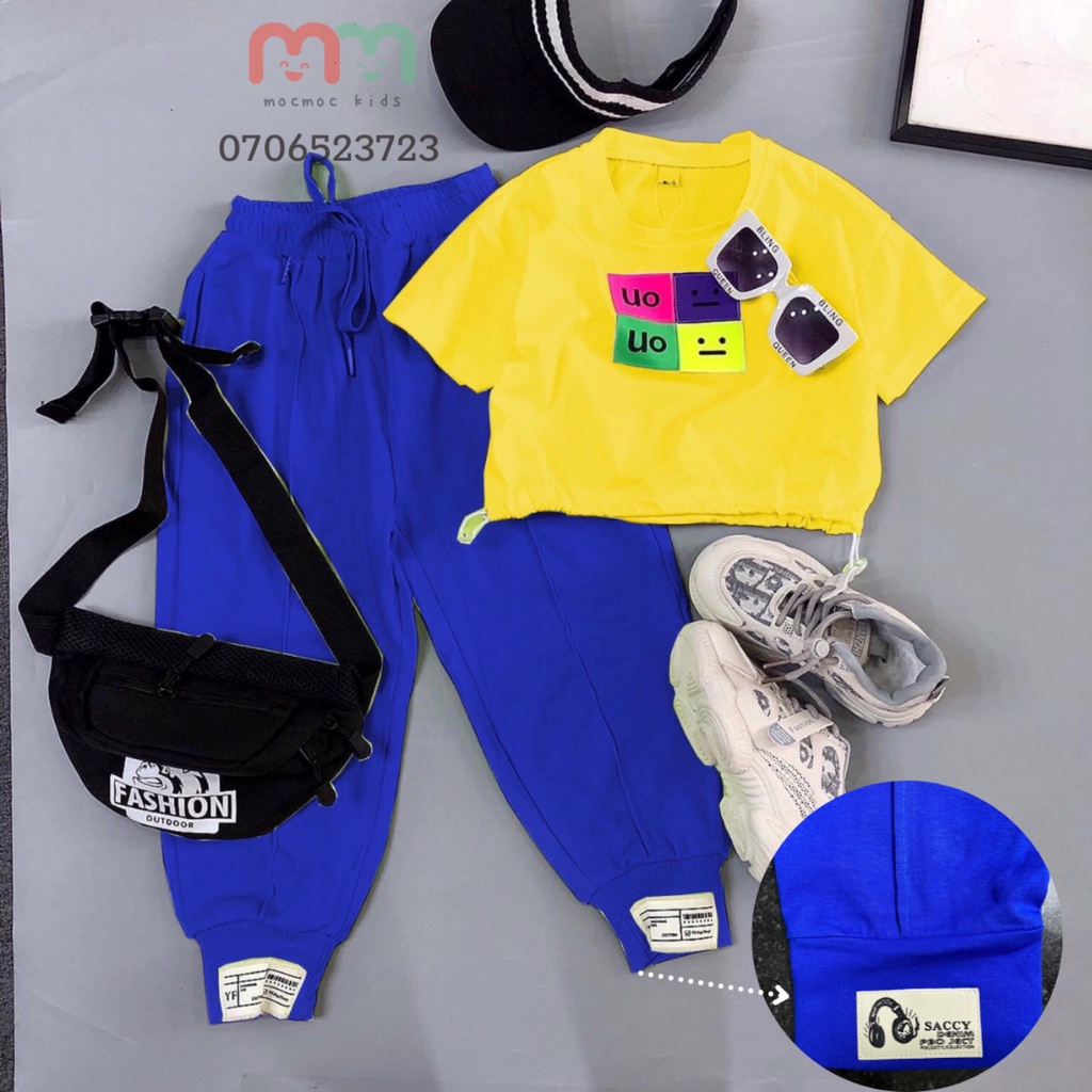 Set thể thao bé gái tập nhảy cá tính áo croptop dây rút quần jogger thun cotton cao cấp mềm mịn bé 8kg đến 42kg