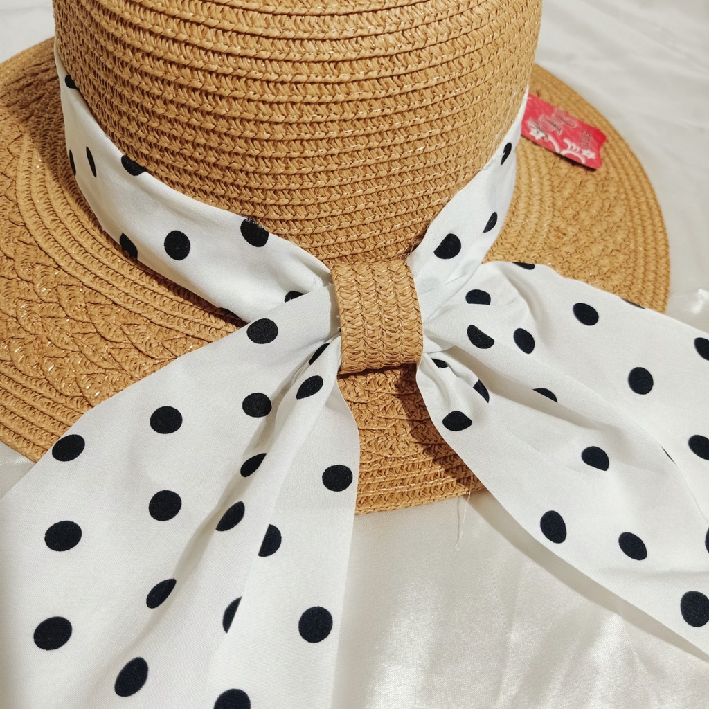 Nón cói,mũ cói nữ đi biển vành nhỏ nơ chấm bi xoè to tiểu thư xinh đẹp, hình shop chụp thật
