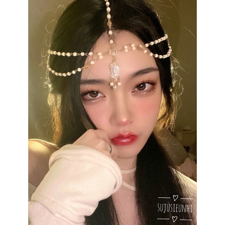 (Mẫu trắng) Vòng đội đầu kết hạt tua rua phong cách Tây Tạng, dây trang trí trán cosplay cô gái Mông Cổ