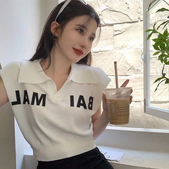 Áo Croptop Dệt Kim Sát Nách Cổ Polo In Chữ Thời Trang Mùa Hè Dễ Phối Đồ Với 3 Màu Sắc Lựa Chọn