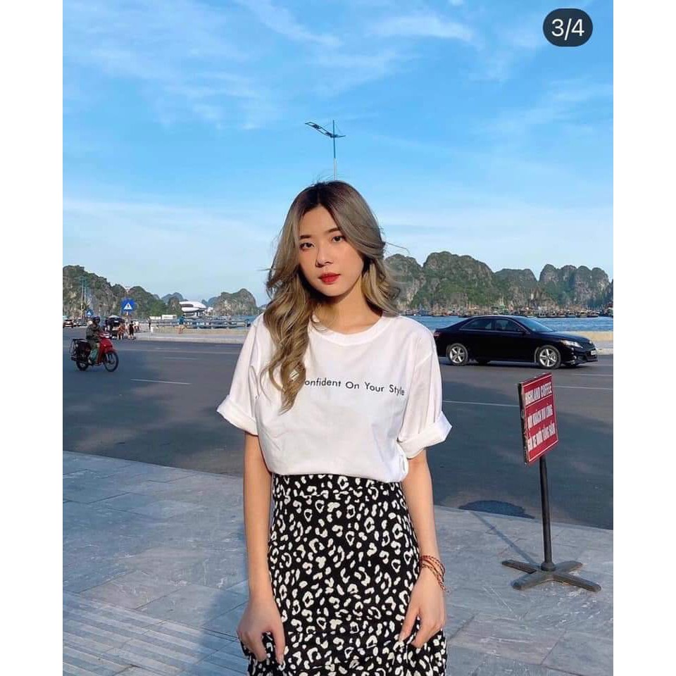 Sét Áo Thun Và Chân Váy 🦋FREESHIP🦋 Áo Phông Cổ Trong Và Chân Váy Suông Dài Họa Tiết Hoa Báo