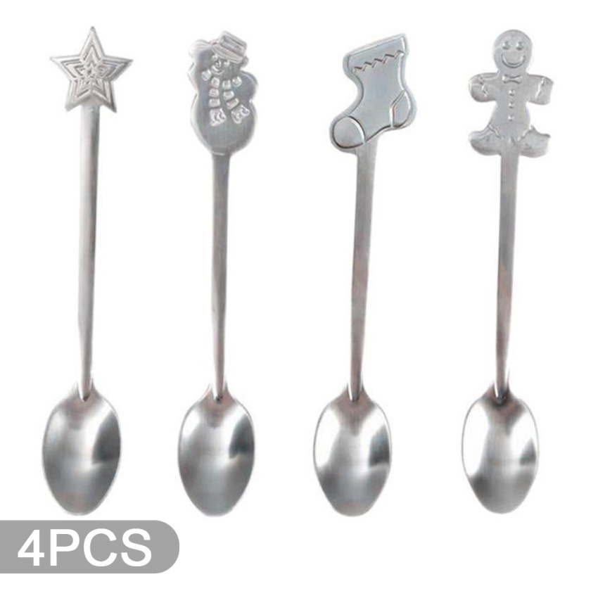 Set 4 Muỗng Cà Phê Bằng Thép Không Gỉ Họa Tiết Giáng Sinh