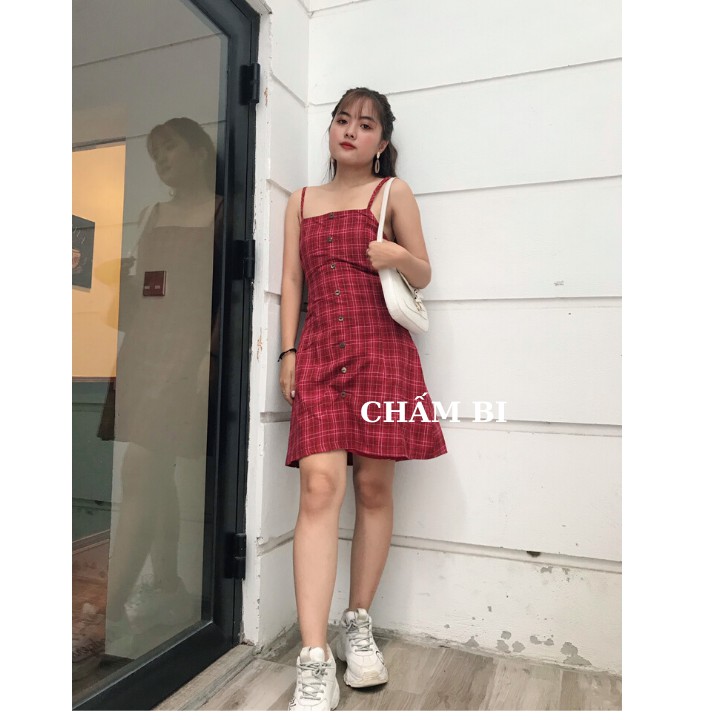 [Mã FAGREEN1505 giảm tới 30K đơn 99K] Đầm Xòe 2 Dây Kẻ Caro Đỏ Dáng Chữ A Hở Lưng Buộc Nơ Cực Xinh Freesize<52kg - V.009 | BigBuy360 - bigbuy360.vn