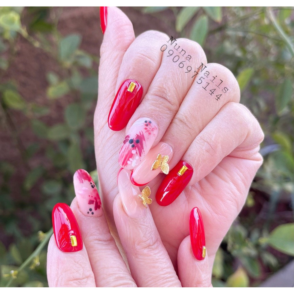 NAILBOX full phụ kiện  Móng up thiêt kế móng đỏ chứng tỏ thương anh  charm bướm vàng inbox chọn size và  shape