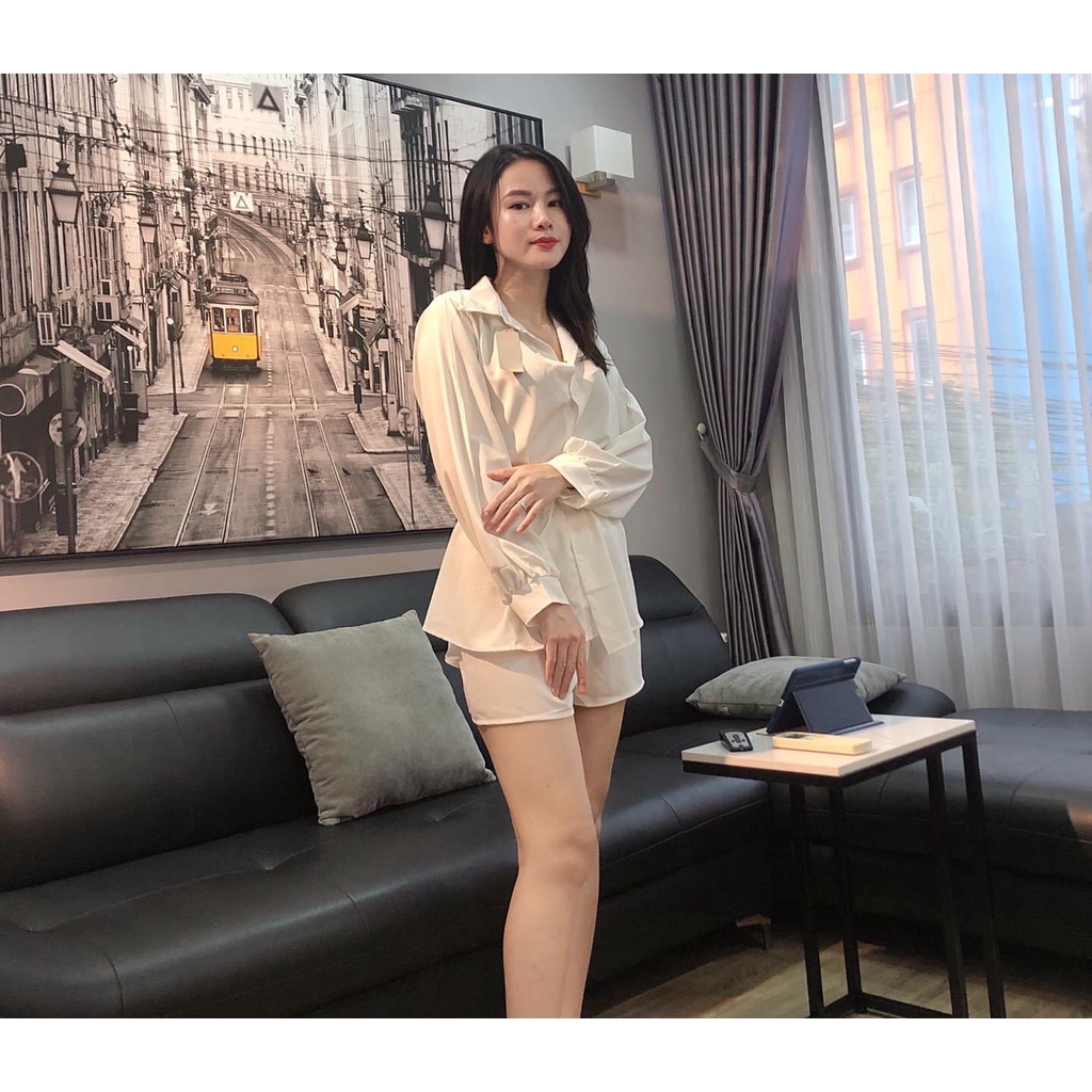 Sét đồ nữ sang chảnh cá tính mix áo sơ mi kèm đai bản to lồng dây và quần đùi