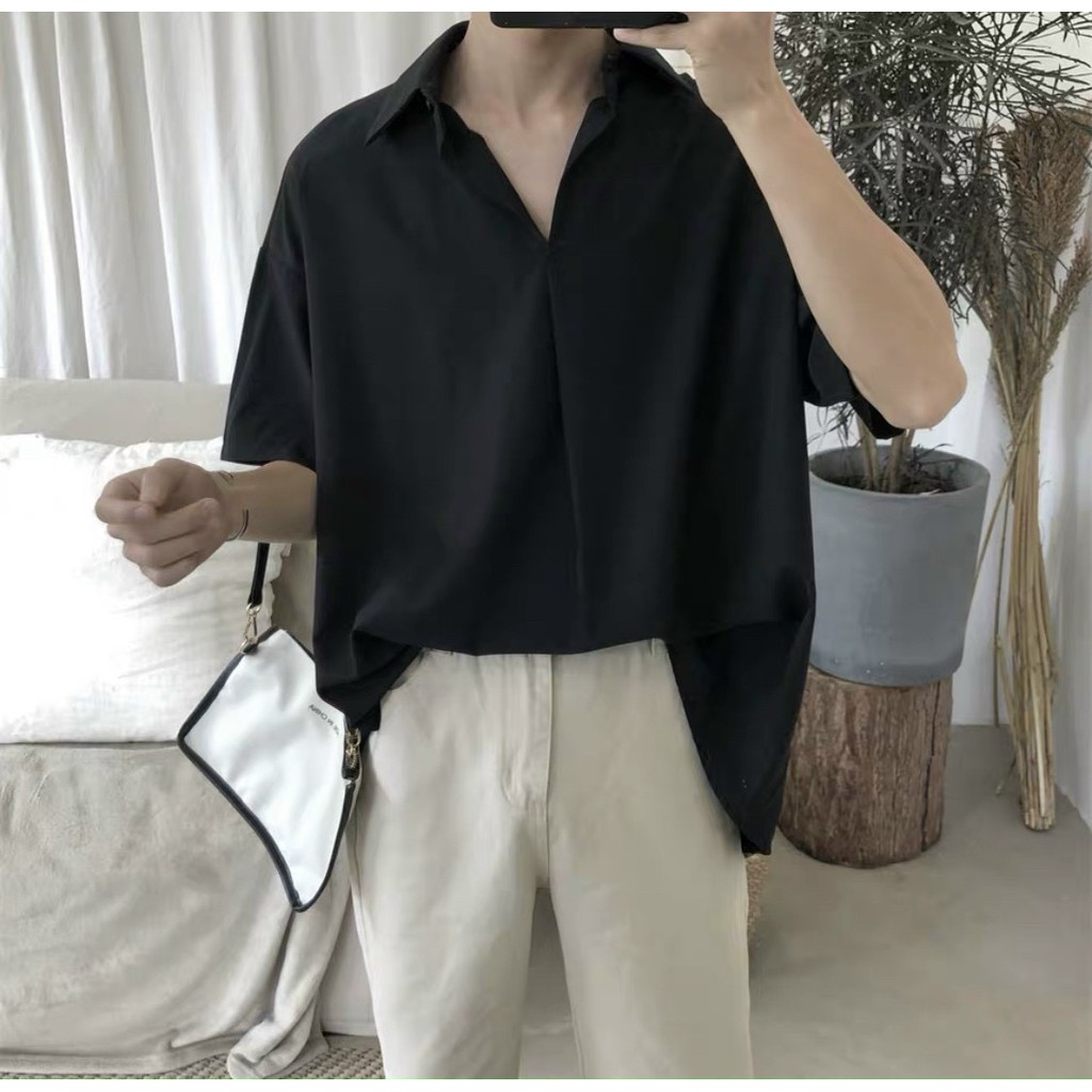 Áo SƠ MI CỔ CHUI Basic trơn unisex nam nữ tay ngắn form rộng style