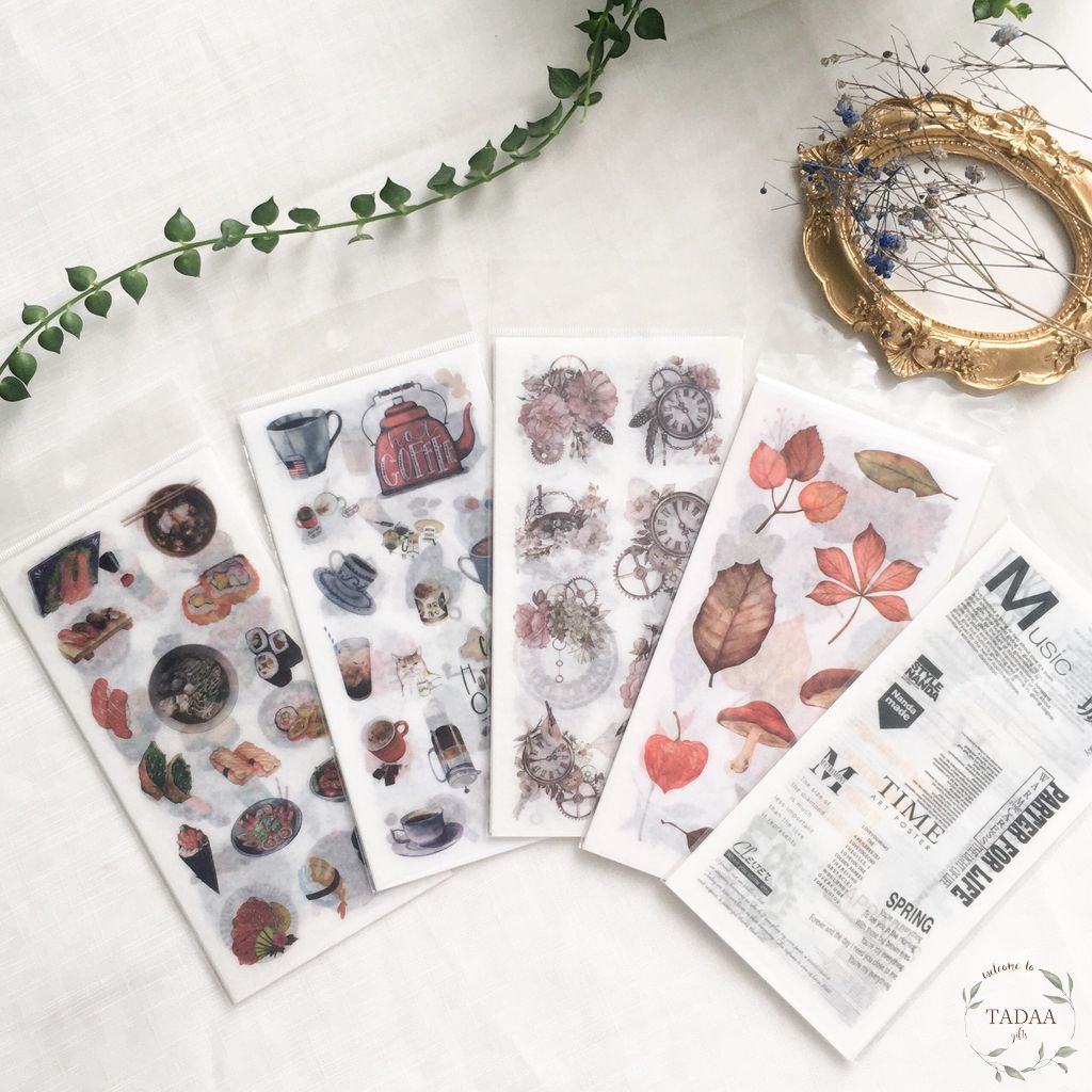 Set 6 sticker hoa lá vintage, món ăn, tiệc trà, chữ retro trang trí bullet journal