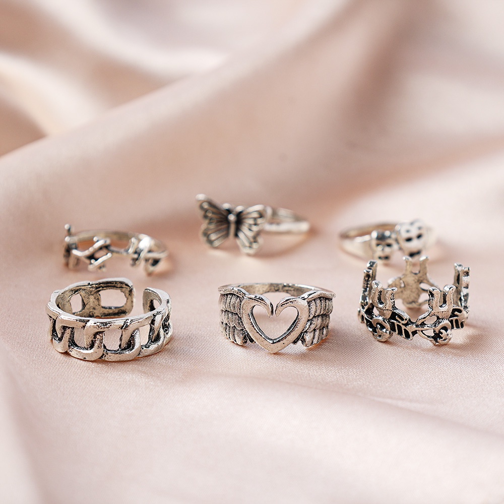 Set 6 Nhẫn Hợp Kim Bạc Hình Cánh Thiên Thần/Trái Tim/Đầu Lâu Phong Cách Gothic Punk Vintage Thời Trang Dự Tiệc Dành Cho Nữ/Nữ
